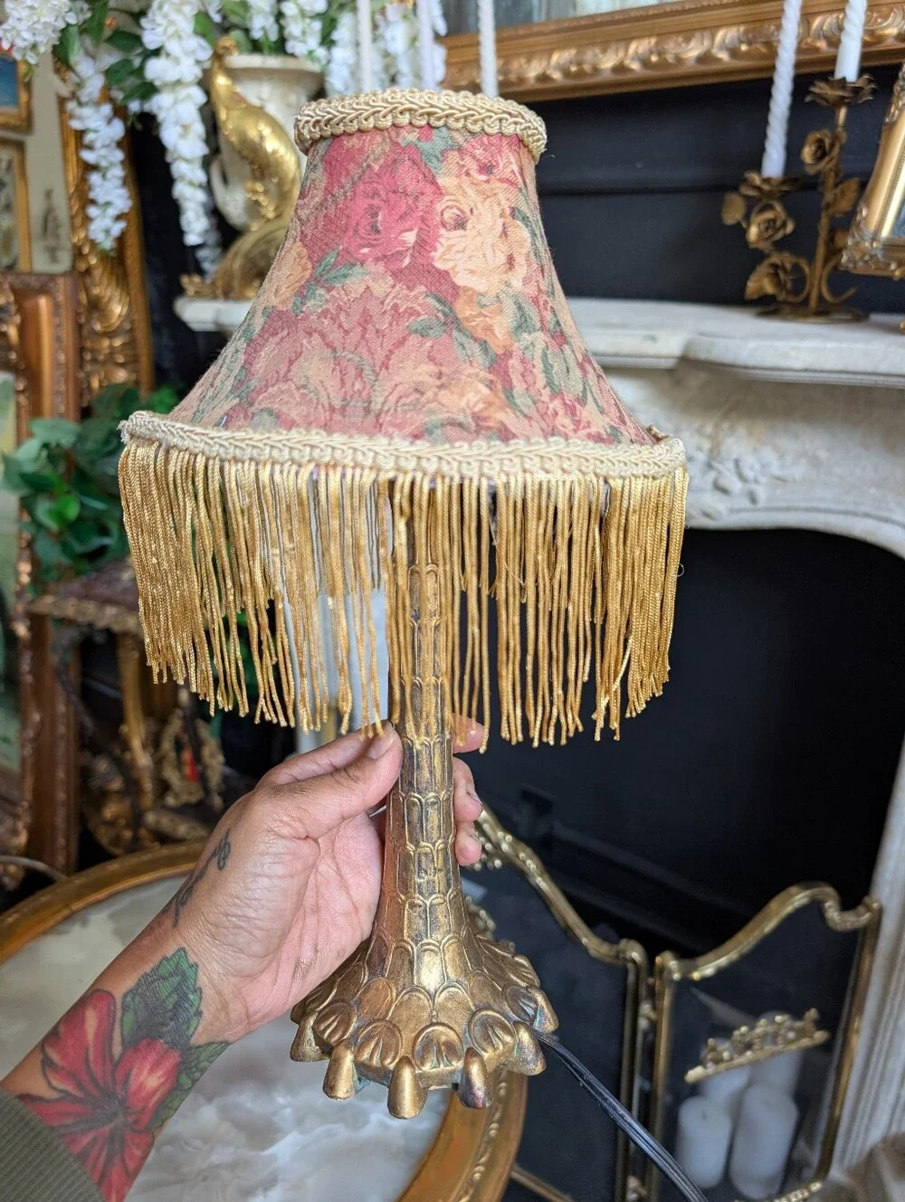 Vintage Mini Gold Ornate Boudoir Footed table lamp/ night light w/ floral Fringe